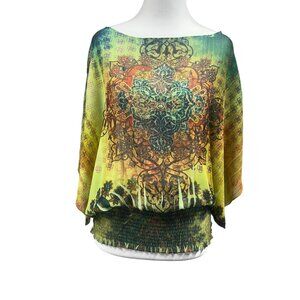 APT. 9 Y2K Whimsical Smocked Waist Boho Artsy Dolman Sleeve Blouse Sz L